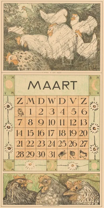 Kalenderblad Maart Met Kippen In De Regen