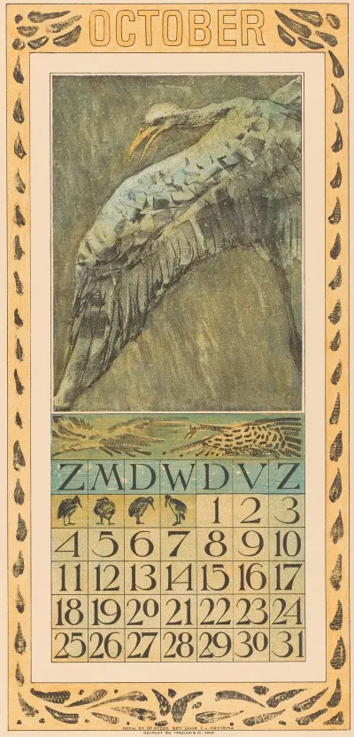Kalenderblad Oktober Met Vliegende Vogel