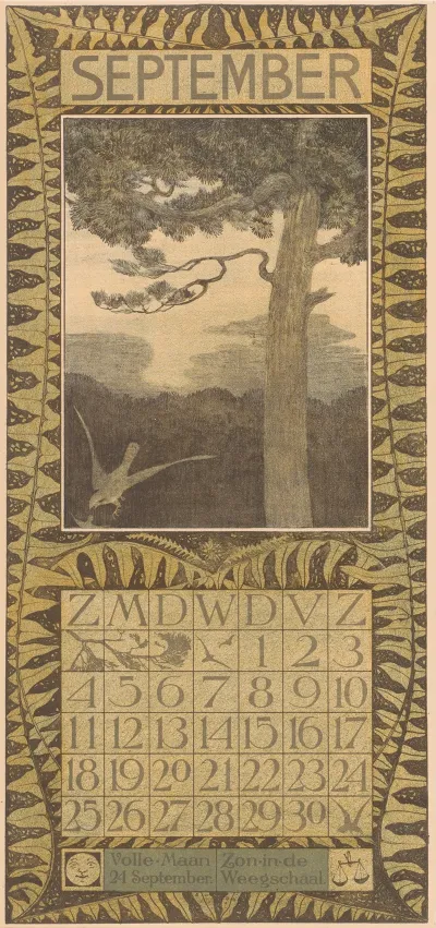 Kalenderblad September Met Boom En Valk