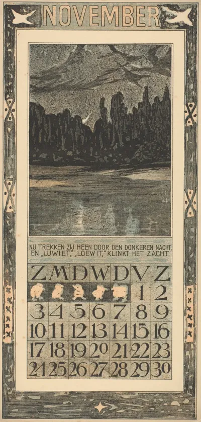 Kalenderblad Voor November 1907 Met Trekvogels In Een Nachtlandschap