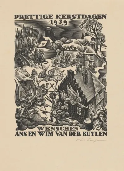 Kerstwens Met Engelen Die Tegen Het Kwaad Strijden