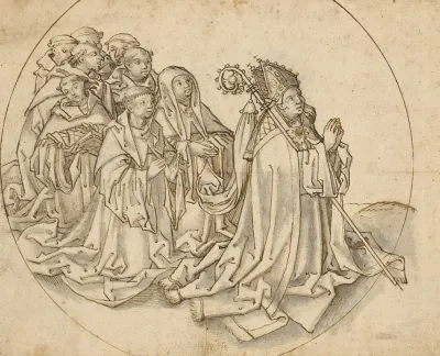 Kneeling Bishop And Eight Monks