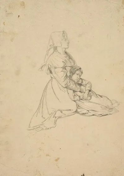 Kneeling Italian Girl Holding Her Daughter