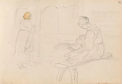 Kvinnefigur Ved Bygning Kvinne Med Handarbeid
