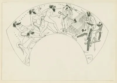Kylix Painting With Four Satyrs Repelled By Hermes Hera And Heracles