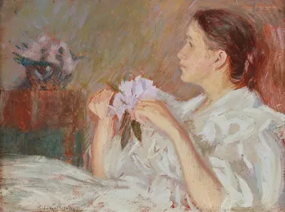 Lady In White Holding Lilacs