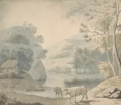 Landscape Study Of A River Valley With Cattle In The Foreground