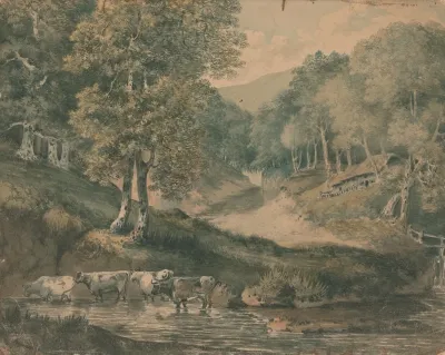Landscape Study Of Cattle In A Pool With A Cottage On A Hill