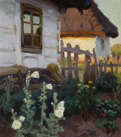 Landscape With A Cottage And Hollyhocks