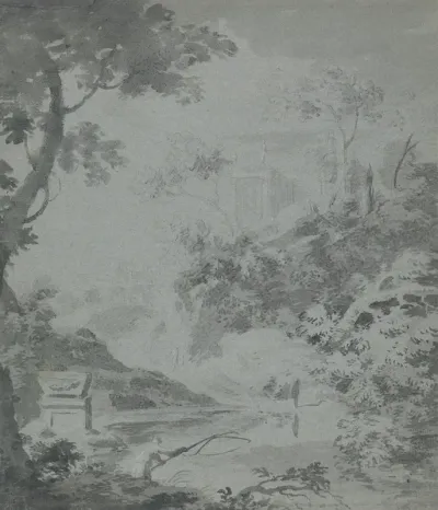 Landscape With A Distant Classical Building And A Man Fishing