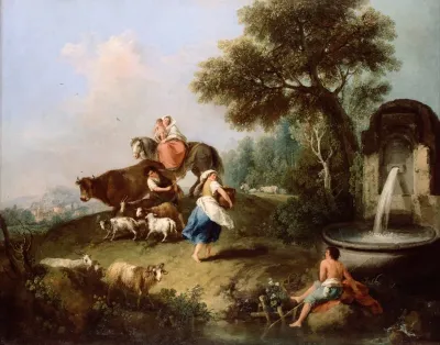 Landscape With A Fountain Figures And Animals