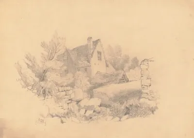 Landscape With A House Hidden Behind Trees And A Stone Wall