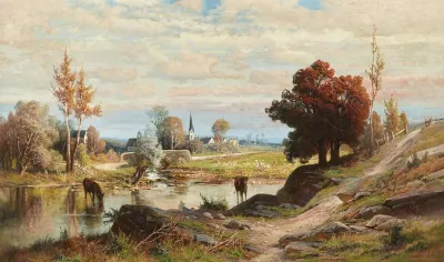 Landscape With Cows Watering And Town In Background