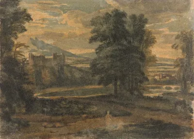 Landscape With Mountains Castle Trees And Lake