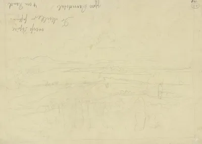 Landschaft Im Vordergrund Figuren Im Hintergrund Ein See Mit Insel