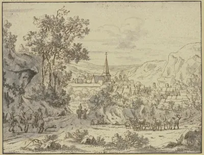 Landschaft Mit Dorf Im Vordergrund Reiter Und Eine Viehherde Mit Hirte