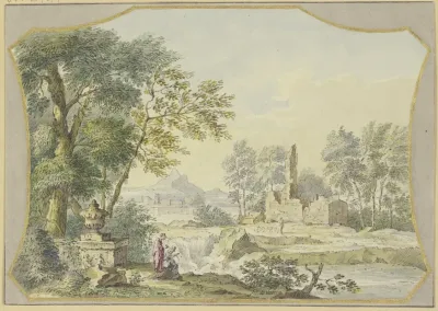 Landschaft Mit Einer Ruine Links Bei Einer Vase Unter Baumen Zwei Figuren
