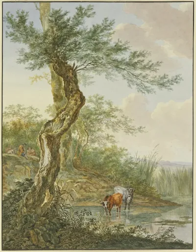 Landschaft Mit Wasser Daran Ein Alter Weidenbaum Im Wasser Zwei Kuhe