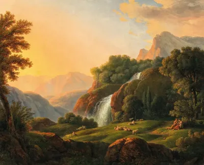 Landschaft Mit Wasserfall Und Hirten