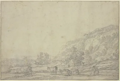 Landschaft Mit Zwei Hutten Rechts Hohe Berge Vorne Funf Kuhe