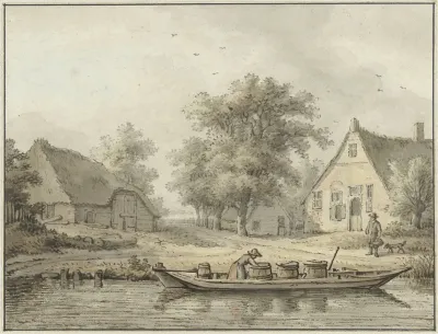 Landschap Met Afgemeerde Schuit Met Vaten