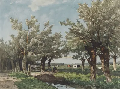 Landschap Met Een Sloot Waar Twee Jongens Vissen