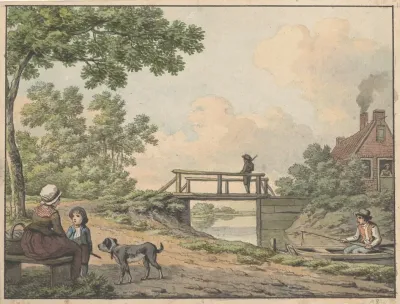 Landschap Met Figuren En Een Bruggetje Bij Een Boerenwoning