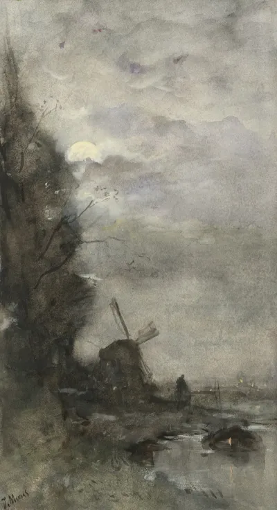 Landschap Met Molen Bij Maanlicht