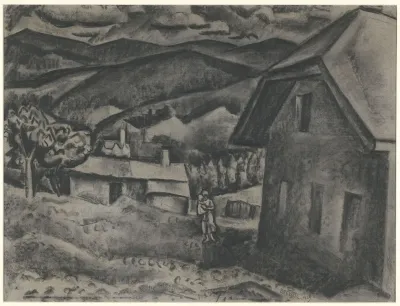 Landschap Met Vrouw Met Kind Staand Voor Een Huis