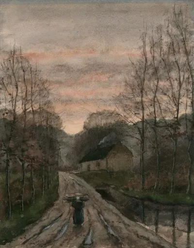 Landweg Langs Beek In De Herfst En Bij Schemering