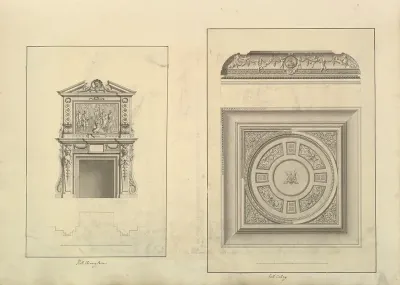 Leaf From Aedes Walpolianae Mounted With Two Drawings A Hall Chimney Piece Houghton Hall Norfolk B Hall Ceiling Houghton Hall Norfolk