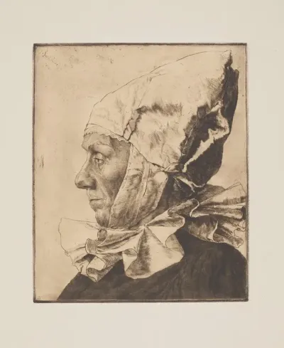 Left Profile Of A Woman In A High Cap And A White Collar Under Her Chin