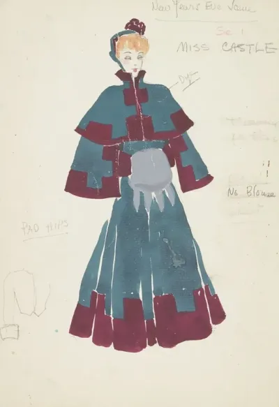 Life And Death Of An American Miss Castle Green Dress With Red Borders Grey Muff Green And Red Bonnet