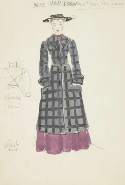 Life And Death Of An American Miss Van Dorn Checked Blue Overcoat Purple Dress Black Hat