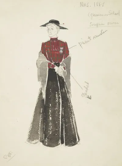Life And Death Of An American Mrs Ives Red Plaid Blouse Black Skirt Grey Shawl Black Hat