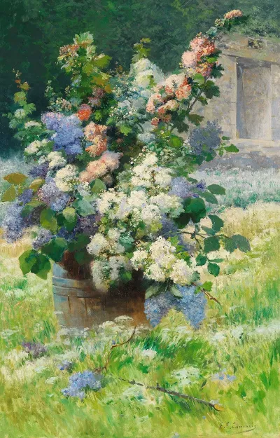 Lilac Branches And Hollyhocks