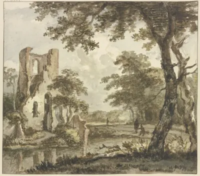 Links Am Wasser Eine Ruine Rechts Ein Angler Und Zwei Weitere Figuren