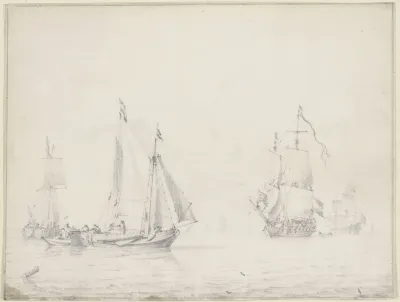 Links Drei Barken Rechts Zwei Grosere Schiffe Unter Vollen Segeln