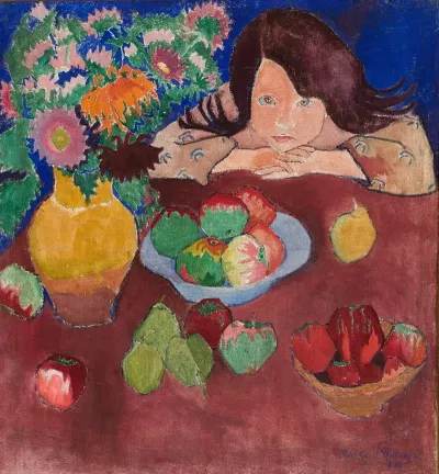 Little Girl At A Table With Fruit