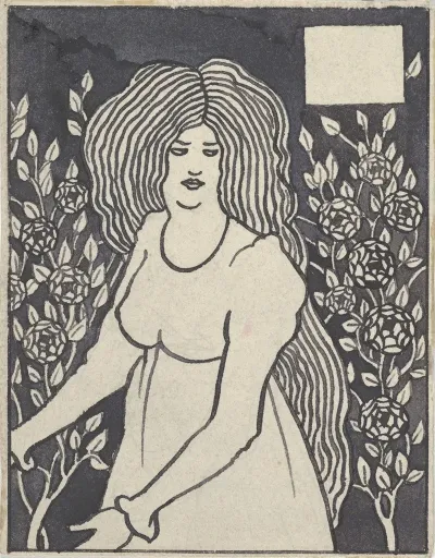 Long Haired Woman In Front Of Tall Rosebushes