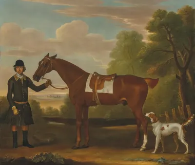 Lord Portmores Snap A Saddled Chestnut Hunter Held By A Groom With A Setter In A Landscape