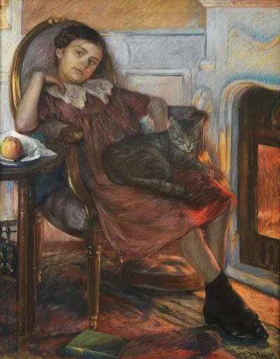 Madchen Mit Katze Am Kamin