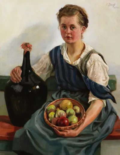 Madchen Mit Obstkorb Und Weinflasche