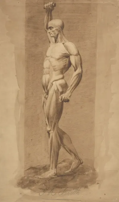 Male Figure Nude Hands Clutching Batons Right Arm Upraised Seen From Side