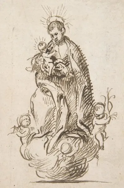 Male Saint Standing On Clouds Supported By Putti Holding Infant Christ