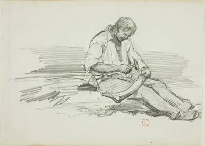 Man Mending Scythe