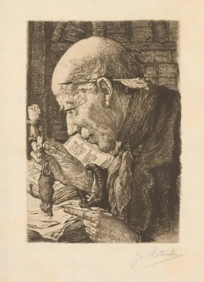 Man Seated In Front Of A Bookcase With A Quill Behind His Ear And A Mouse In His Hand