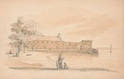 Man Sketching On A Wharf With A Dog Seated Next To Him