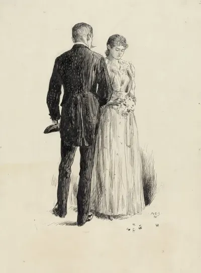 Man With Back To Viewer Facing Young Woman Plucking At Bouquet