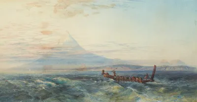 Maori War Canoe Approaching Taranaki